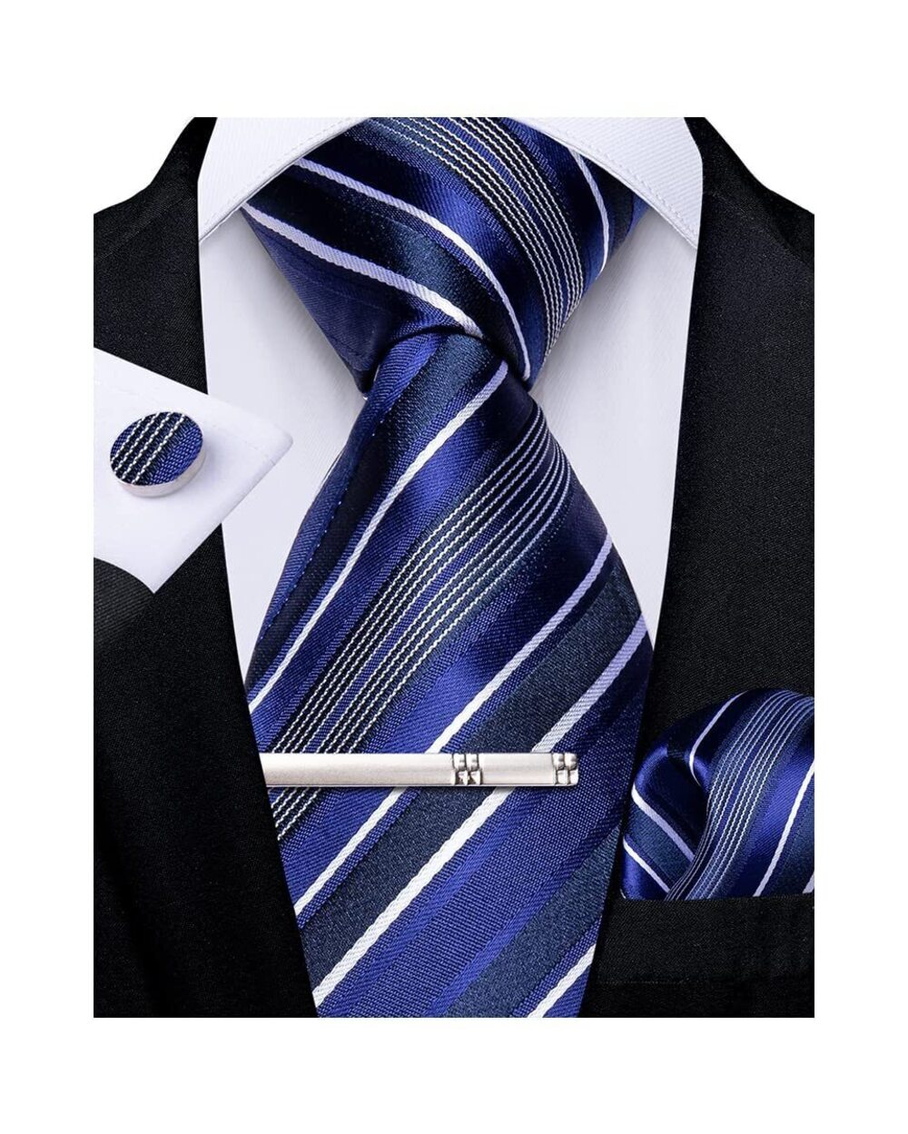 7434 Striped Tie Silk Woven Necktie and Pocket Square Cufflinks Tie Clip